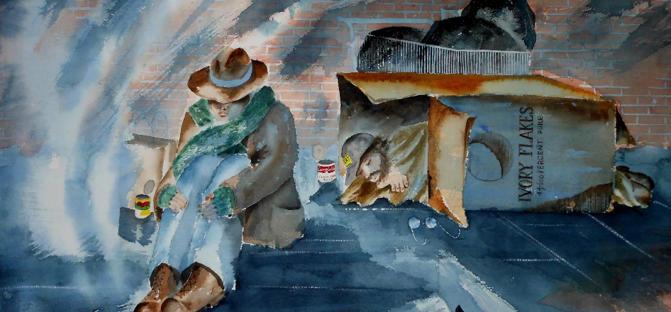 Homeless — watercolor mural by John Louis Kokalis
